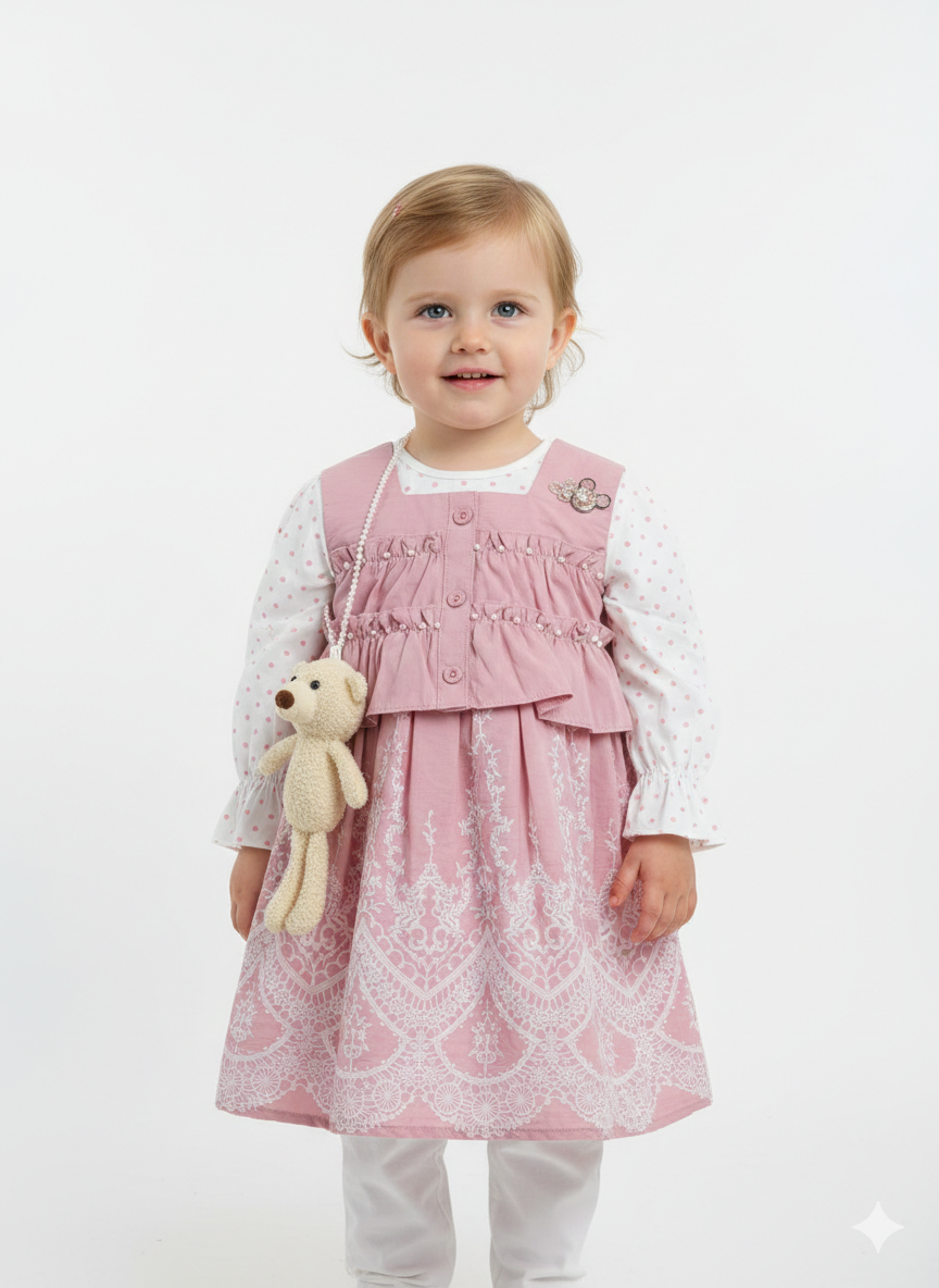 Toddler Girls 2-Piece Polka Dot & Lace Pinafore Set with Teddy Bear Accessory