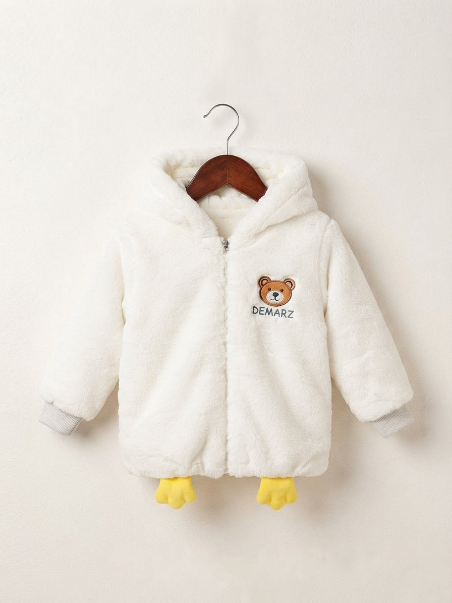 Cute Fluffy Faux Fur Hooded Kids Winter Jacket With Playful Bottom Duck Feet