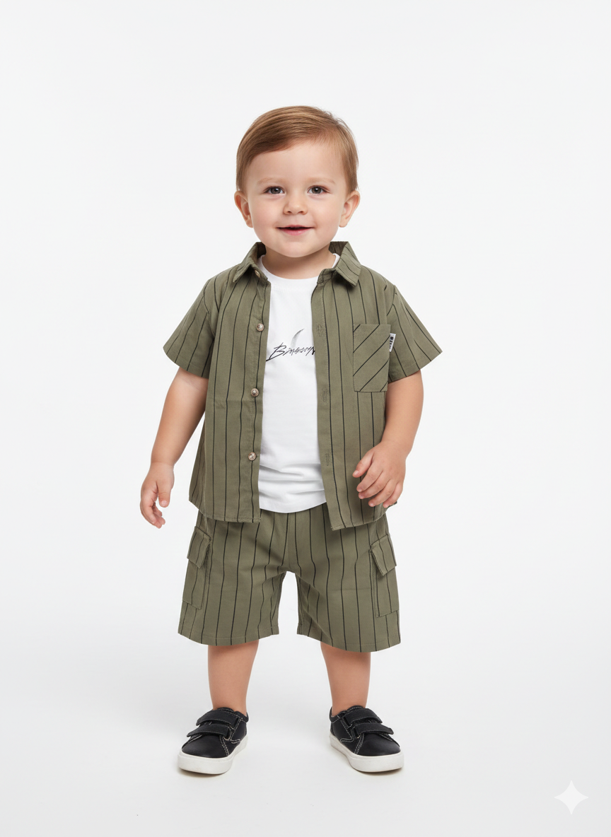 Toddler Boys' 3-Piece Vertical Striped Shirt and Cargo Shorts Set with Graphic Tee