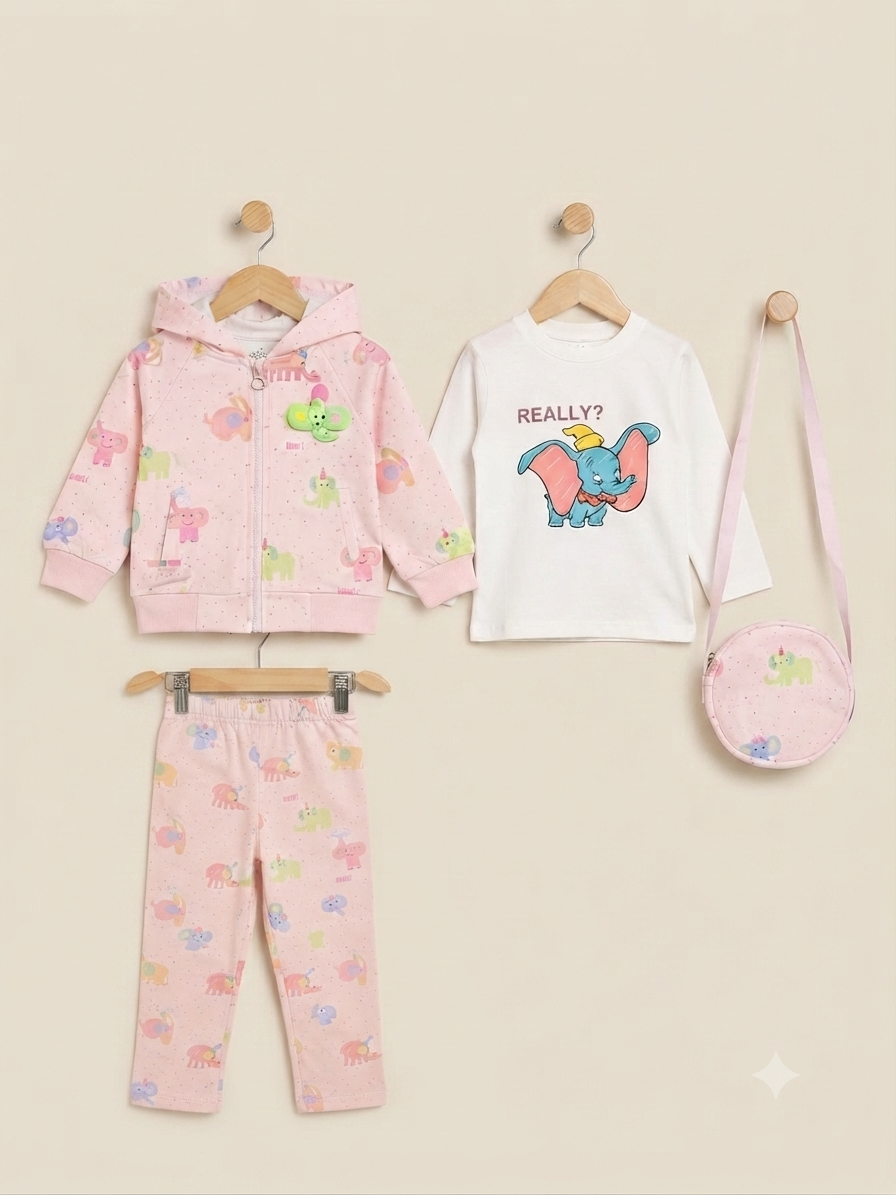 Cute Girls Cartoon Elephant Print Hoodie T-Shirt Full Trouser With Matching Bag Set