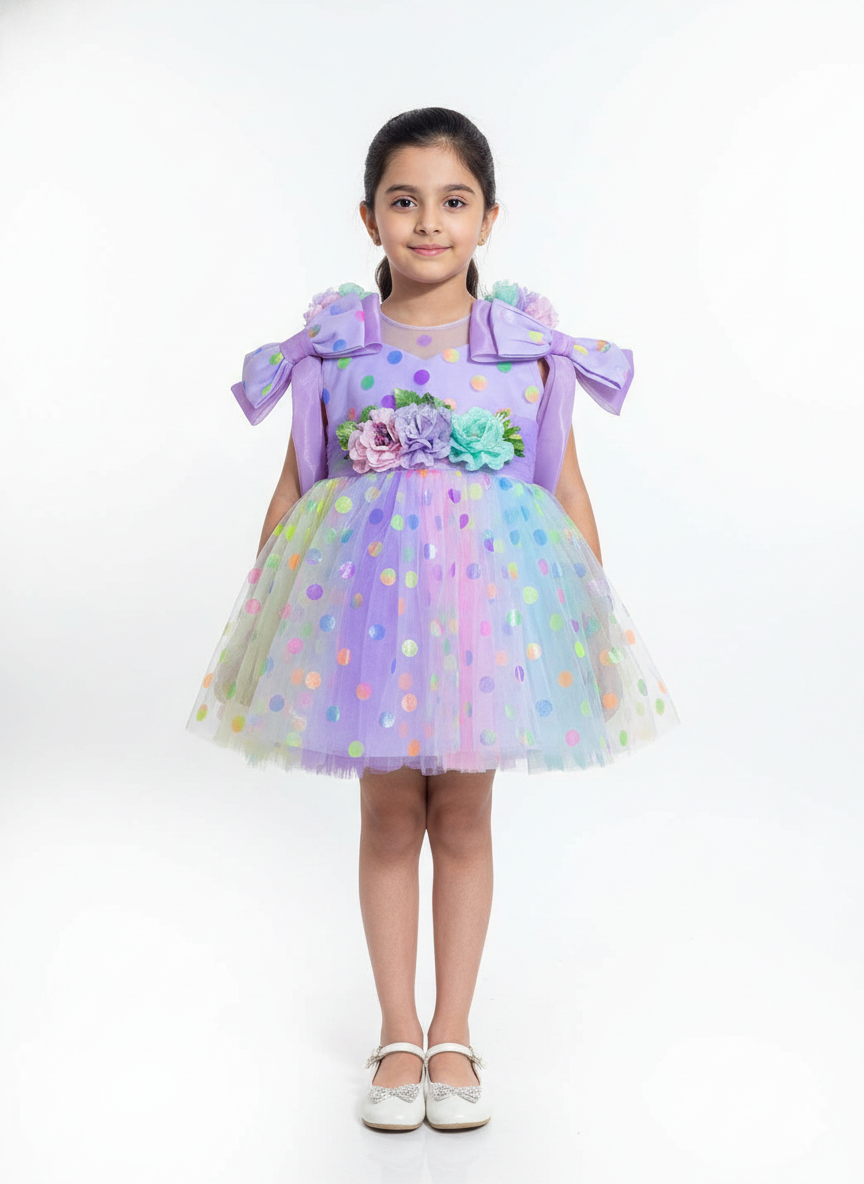 Whimsical Girls' Polka Dot Tulle Party Dress with Floral Waist Accent and Oversized Shoulder Bows