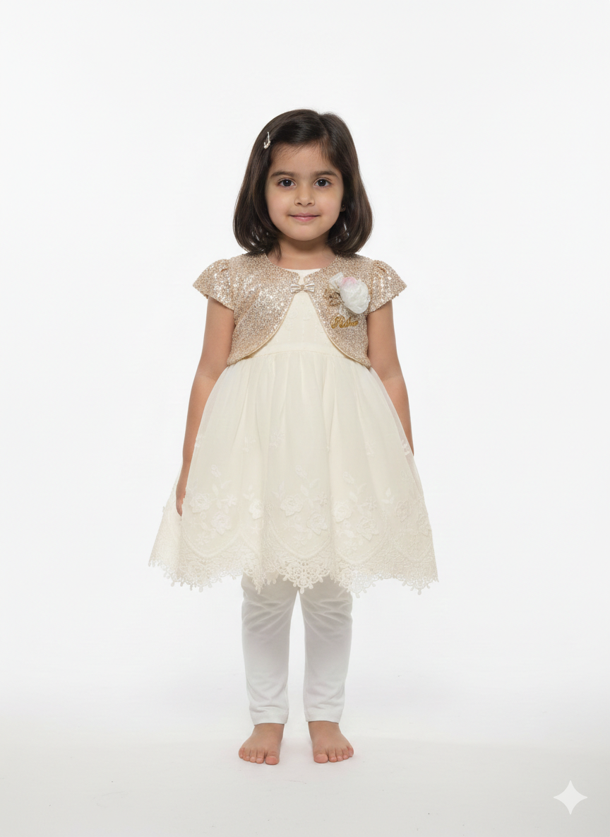 Elegant Toddler Girl Occasion Dress with Lace Embroidery, Matching Bolero Jacket, and Comfortable Leggings