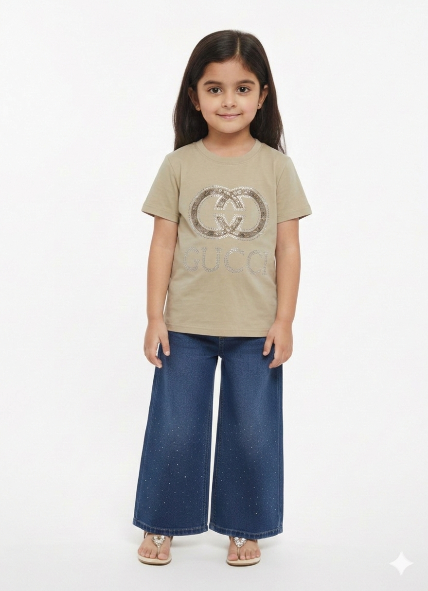 Designer Inspired Girls Pink Logo T-Shirt and Sparkling Wide Leg Denim Jeans Two-Piece Set