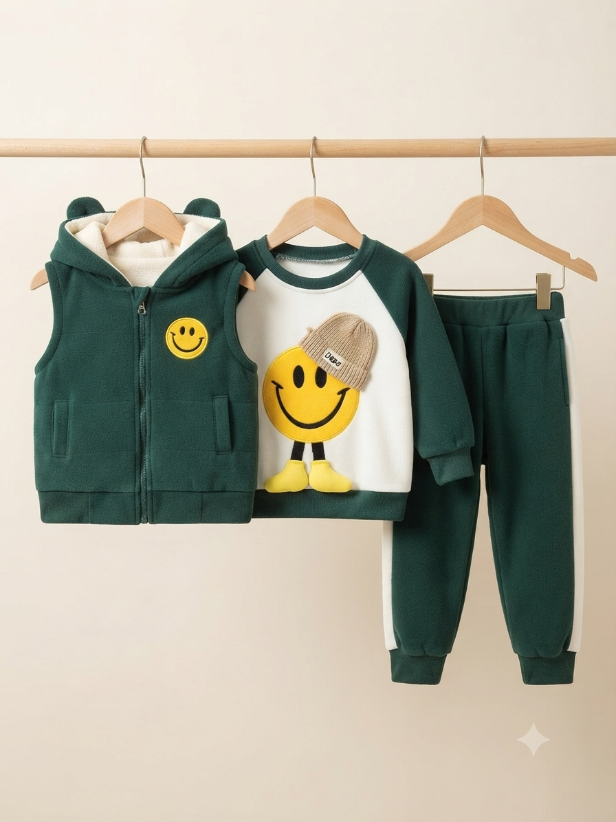 Plush Fleece Three-Piece Outfit Set With A Yellow Smiley Face