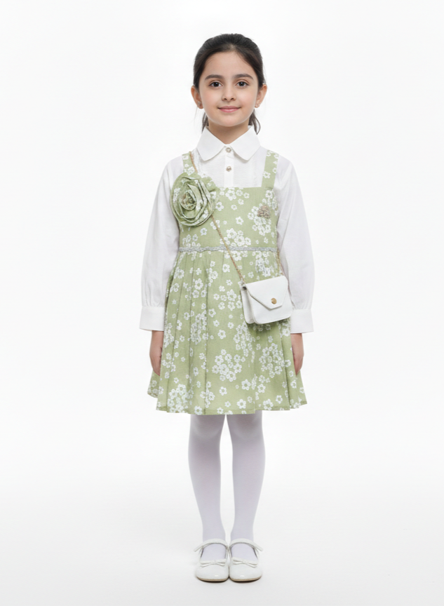Charming Girls' Floral Pinafore Layered Dress Set with Matching Mini Purse and 3D Rose Accent