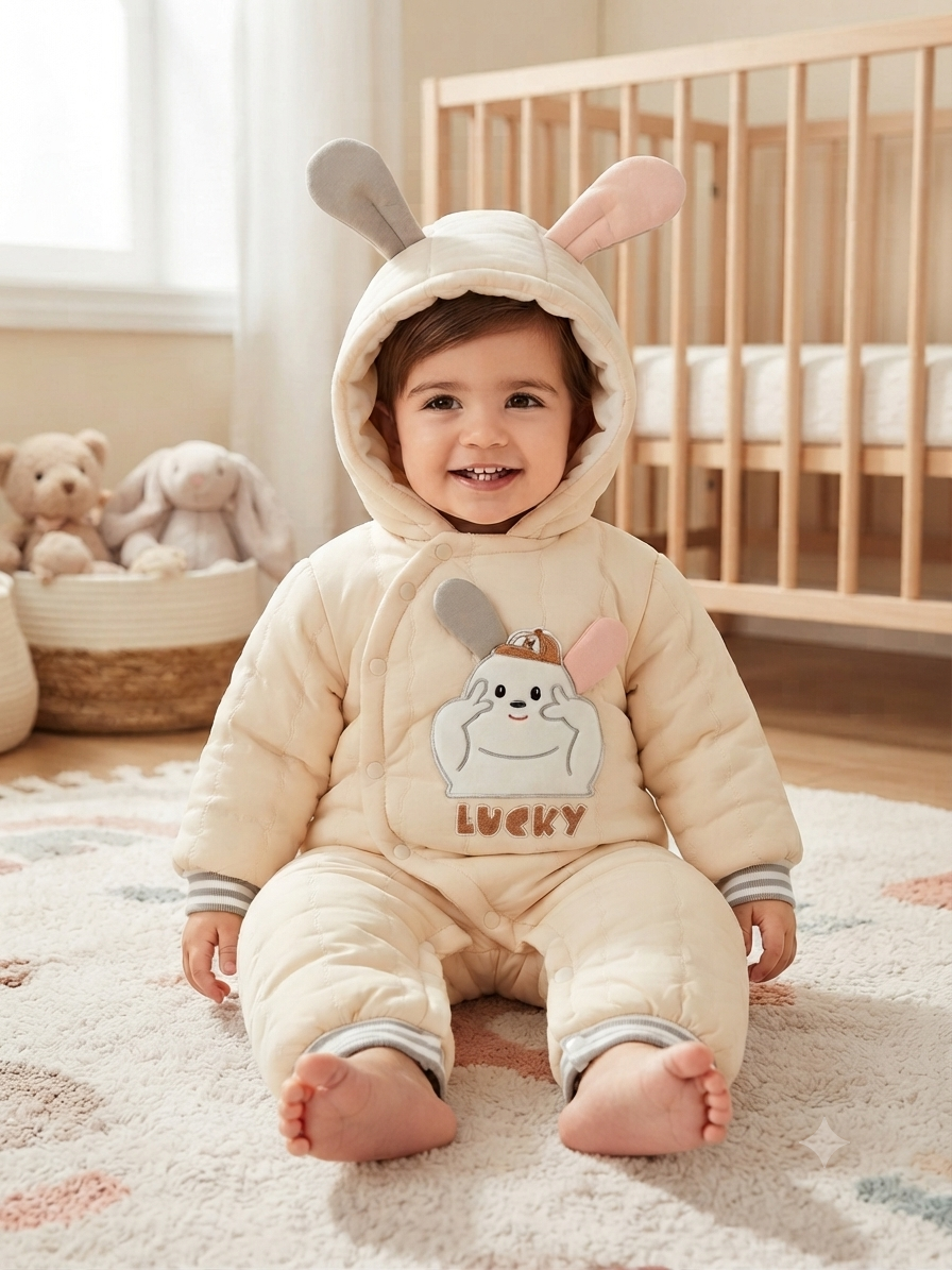 Cute Bunny Hooded Winter Romper Thick Warm Baby Jumpsuit Soft Fleece Infant Clothing