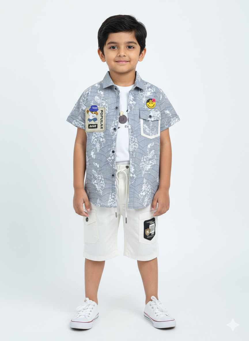Kids Stylish 3-Piece Summer Outfit: Printed Shirt & Cargo Shorts Set