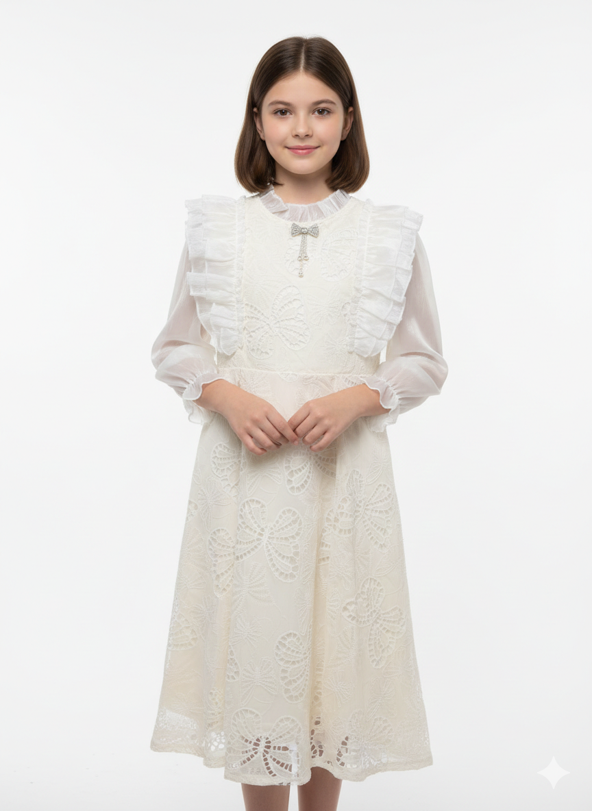 Elegant Girls' Butterfly Lace Party Dress with Ruffled Shoulders and Sparkling Bow Brooch Accent