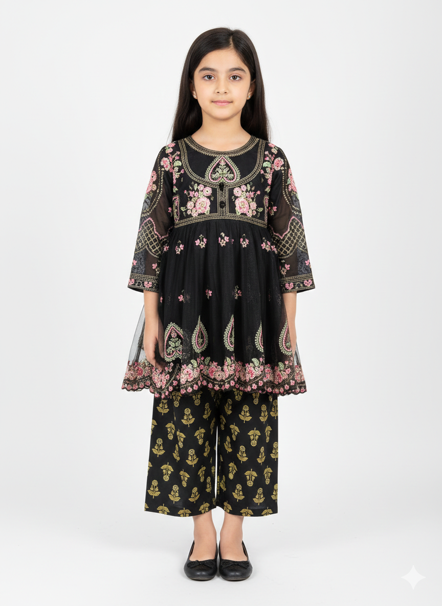 Exquisite Maroon and Gold Girls' Embroidered Tulle Peplum Kurta with Matching Wide-Leg Trouser Set
