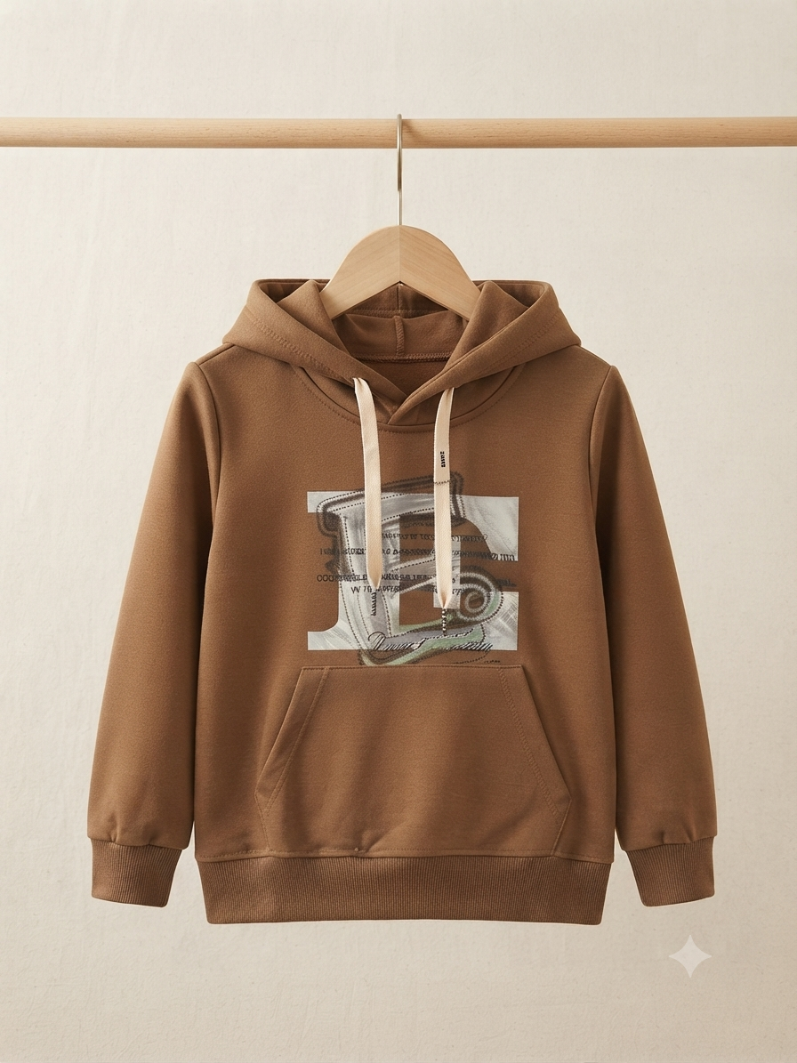 Kids Stylish Graphic Printed Fleece Winter Hoodie With Front Pocket And Adjustable Drawstrings