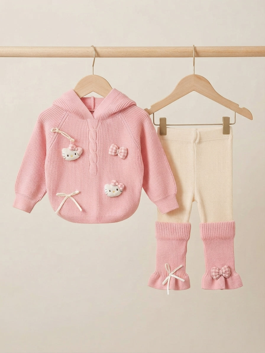 Cute Character Embellished Hooded Sweater with Matching Leggings Set for Daily Kids Fashion Wear