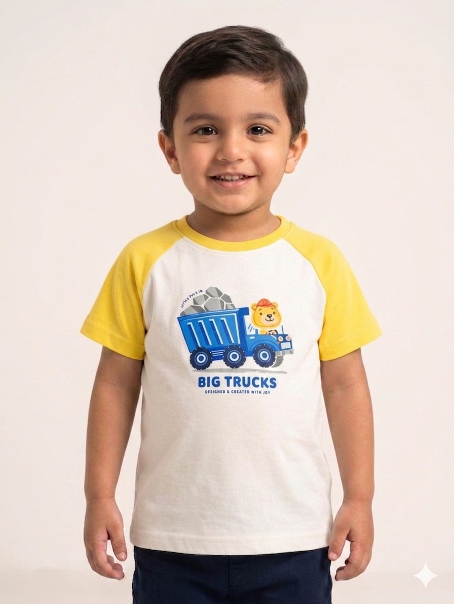 Boy's Big Trucks Graphic Raglan Tee - Fun Construction Theme Short Sleeve Cotton T-Shirt