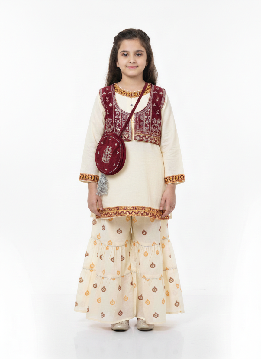 Girls' Traditional Embroidered Kurta & Gharara Set with Contemporary Waistcoat and Matching Potli Bag