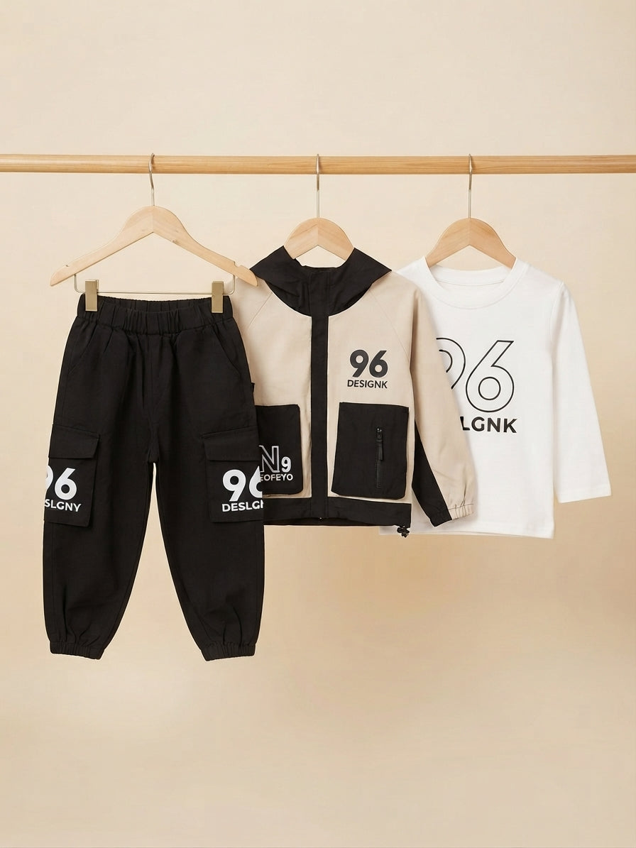 Stylish three-piece boys clothing set featuring a jacket, t-shirt, and cargo pants.