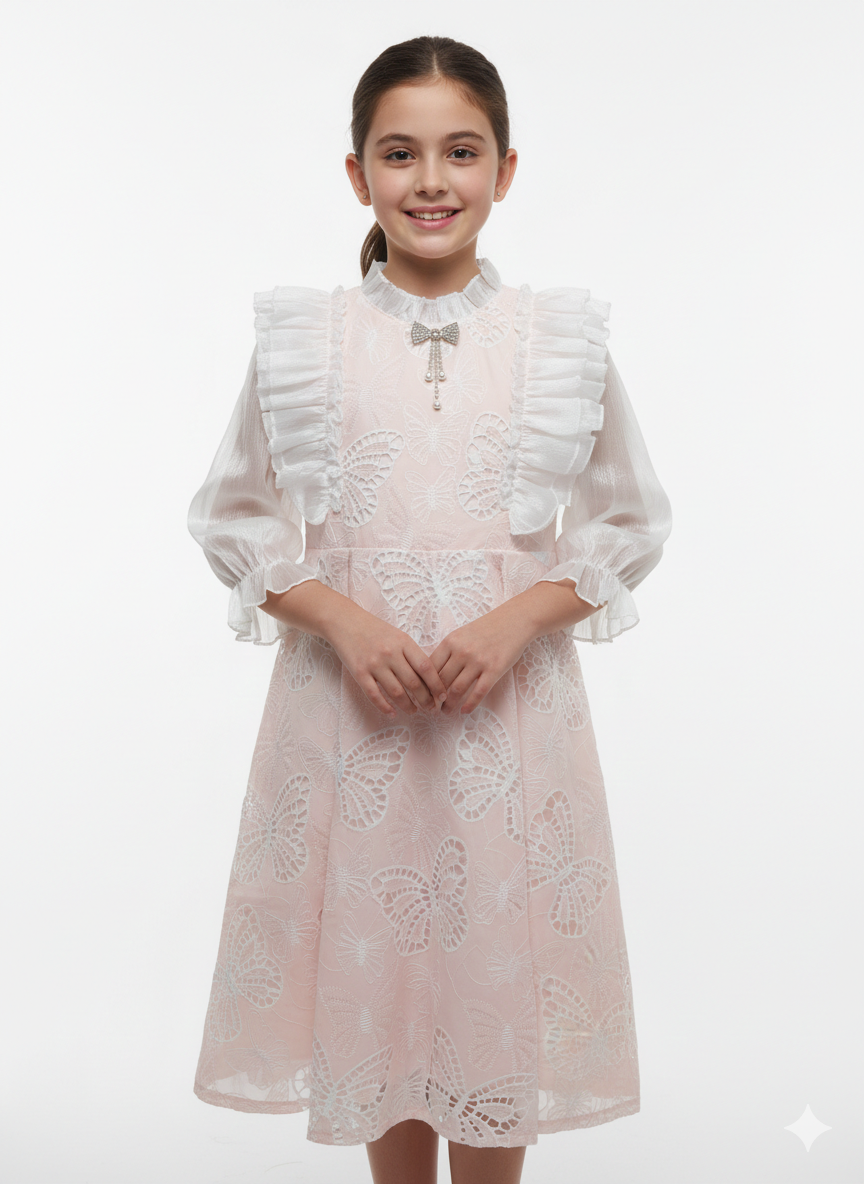 Elegant Girls' Butterfly Lace Party Dress with Ruffled Shoulders and Sparkling Bow Brooch Accent