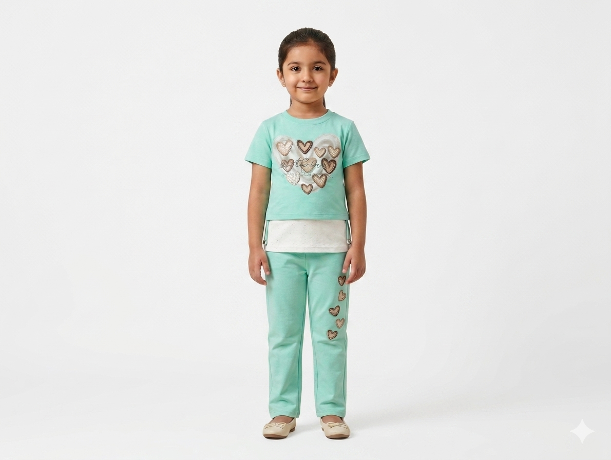 Girls Heart Print Three-Piece Cotton Co-ord Set with Layered Tee and Matching Straight Pants