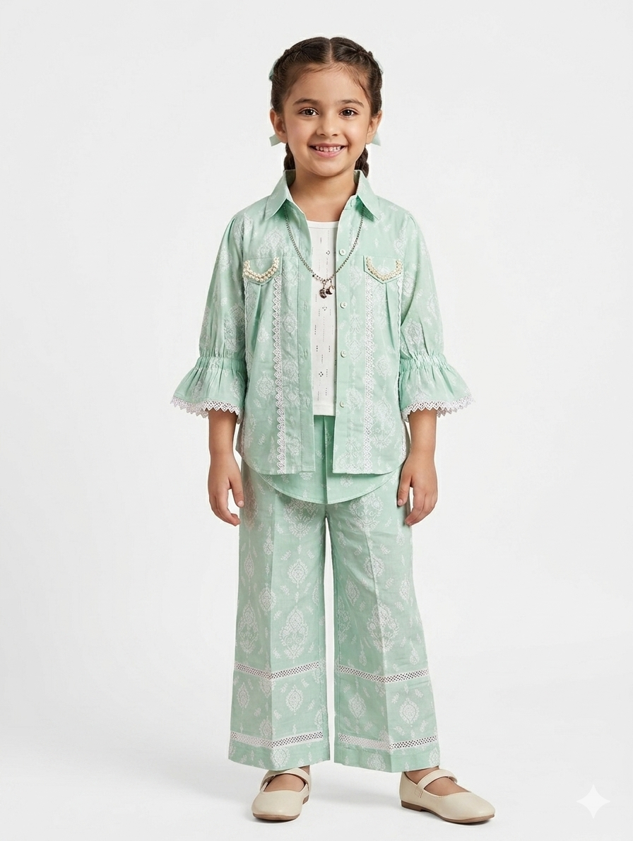 Chic 3-Piece Printed Lawn Fusion Set for Girls - Includes Shirt, Inner Top, and Trousers
