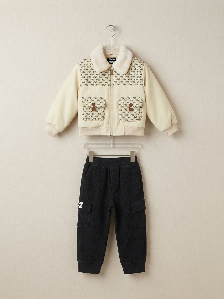 Stylish Kids Winter Jacket and Cargo Pants Outfit Set For Daily Wear