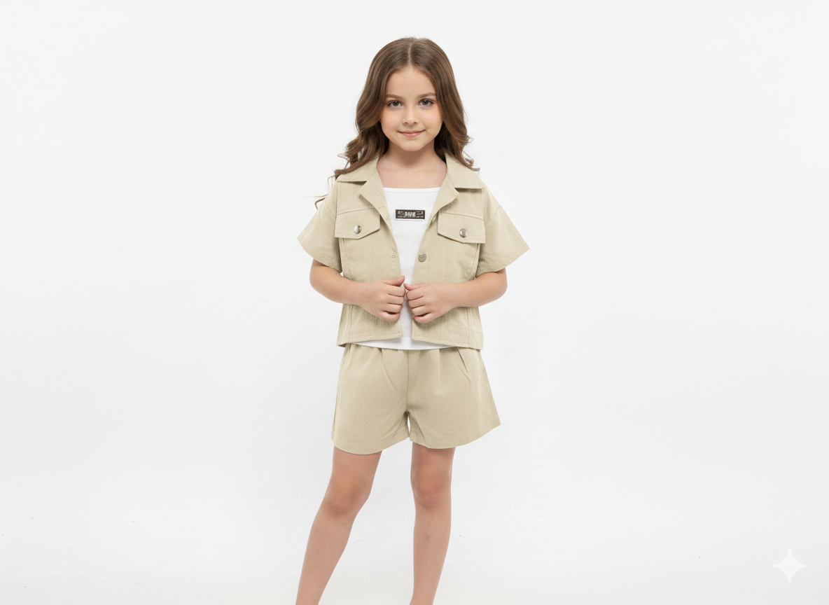 Trendy Girls' 3-Piece Safari Utility Set with Cropped Button-Up Jacket and Matching Shorts
