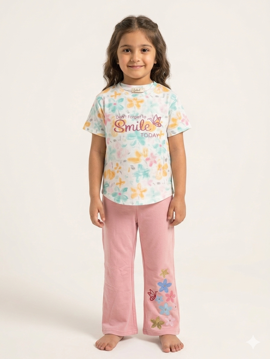 Girls "Smile Today" Graphic T-Shirt and Floral Flare Pants Two-Piece Cotton Loungewear Set