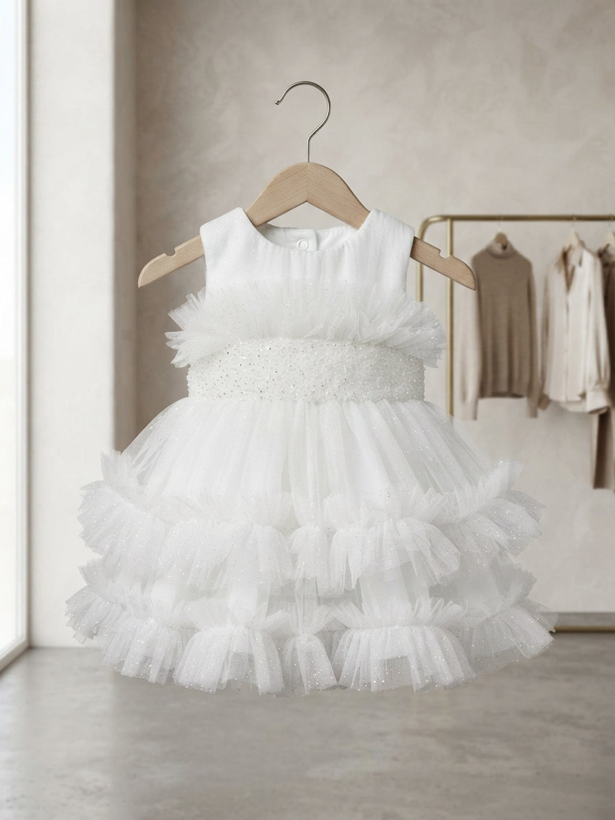 Gorgeous Fluffy Tulle Party Dress With Sparkling Brooch Detail For Cute Little Baby Girls
