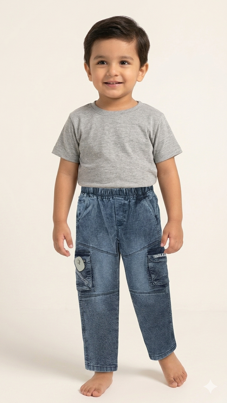 Boys Blue Denim Cargo Jeans Elastic Waist Wide Leg Casual Pocket Trousers for Kids