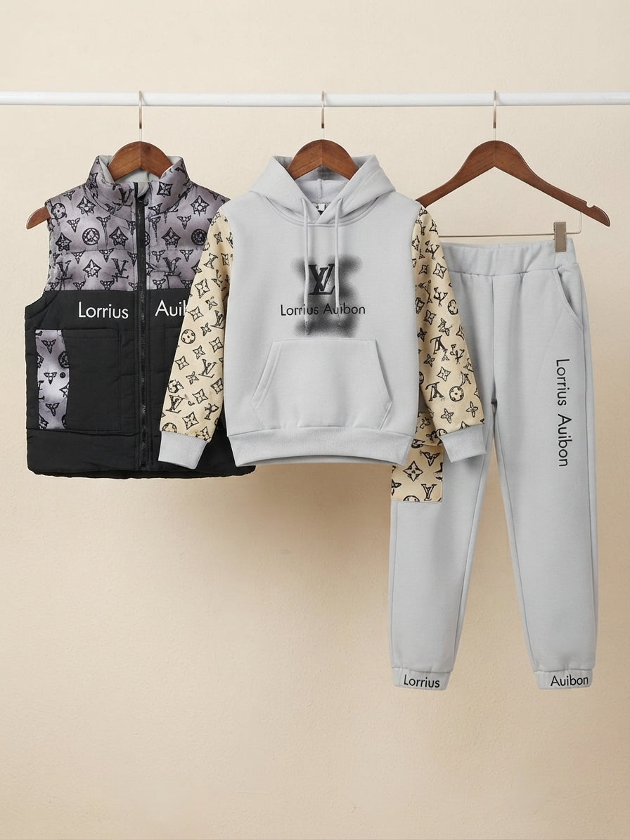 Stylish Boys Three Piece Winter Outfit Featuring Printed Hoodie Matching Trouser And Puffer Vest