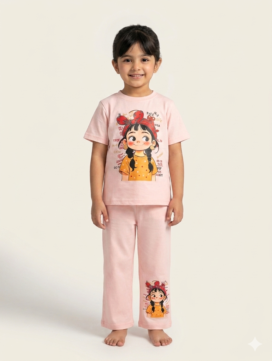 Girls Cute Character Print Tee and Relaxed Wide Leg Trouser Two Piece Summer Outfit Set