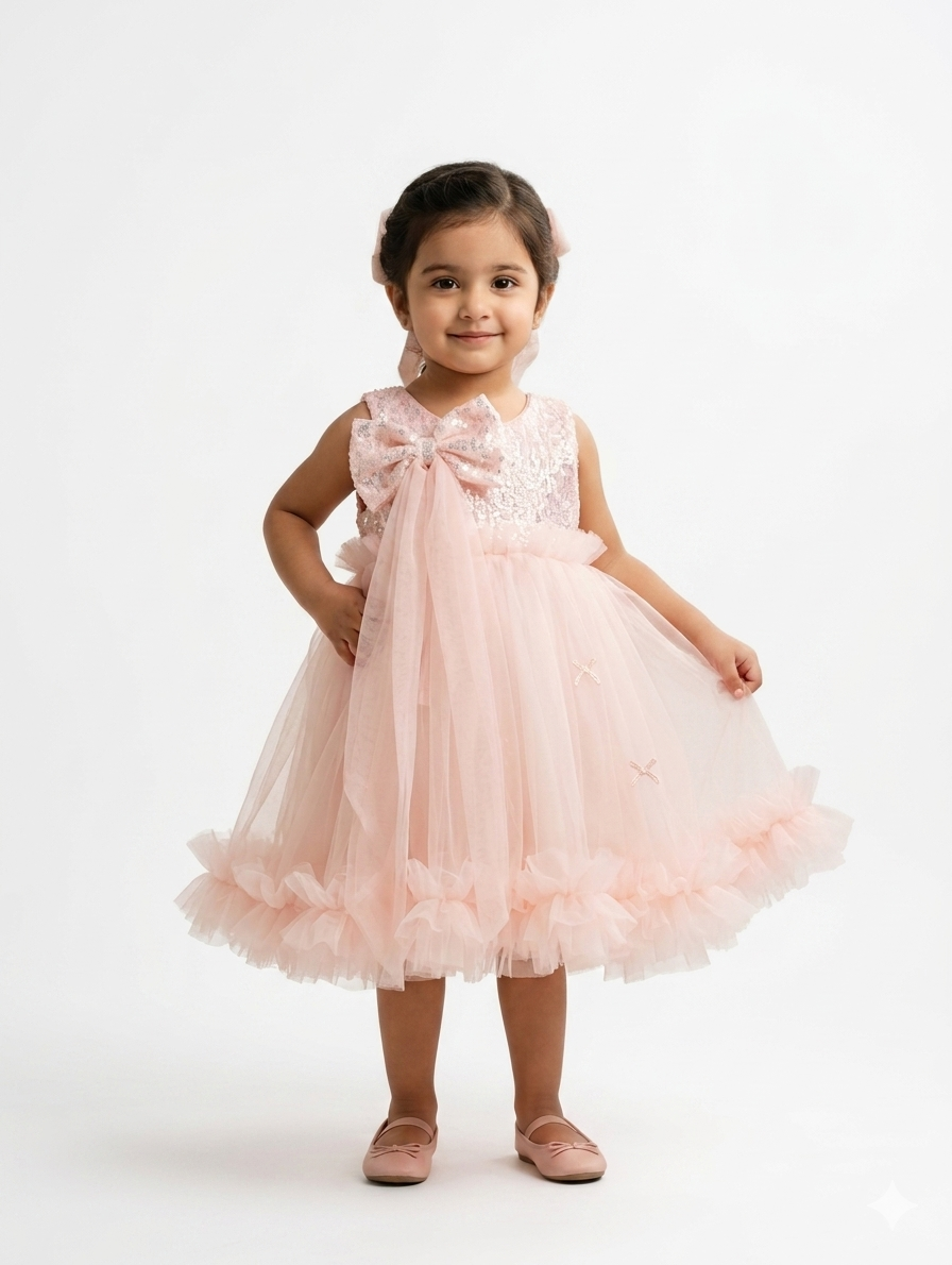 Elegant Pink Sequin Tulle Party Dress With Large Bow For Toddler And Little Girls