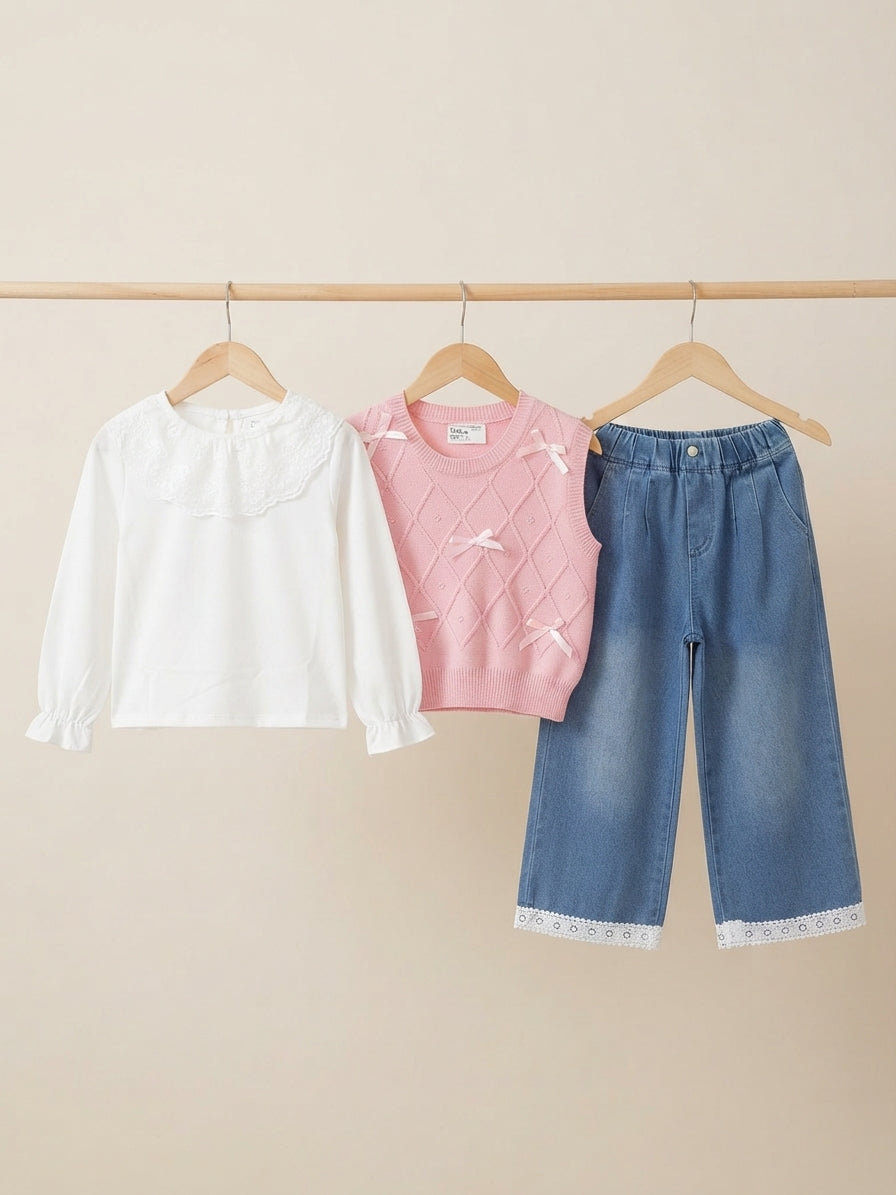 Stylish Kids 3-Piece Girls Outfit Set With Bow Sweater Shirt And Denim Pants