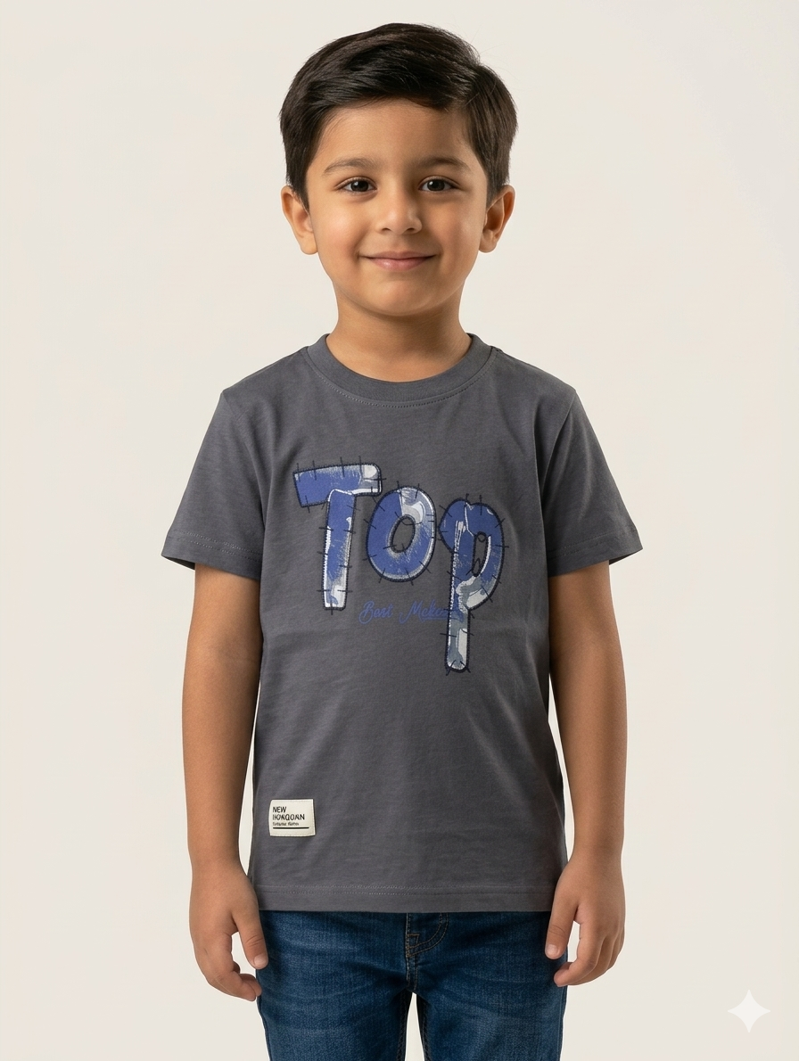 Boys Casual Cotton Graphic T-Shirt with Unique Patchwork Letter Print and Soft Ribbed Crewneck
