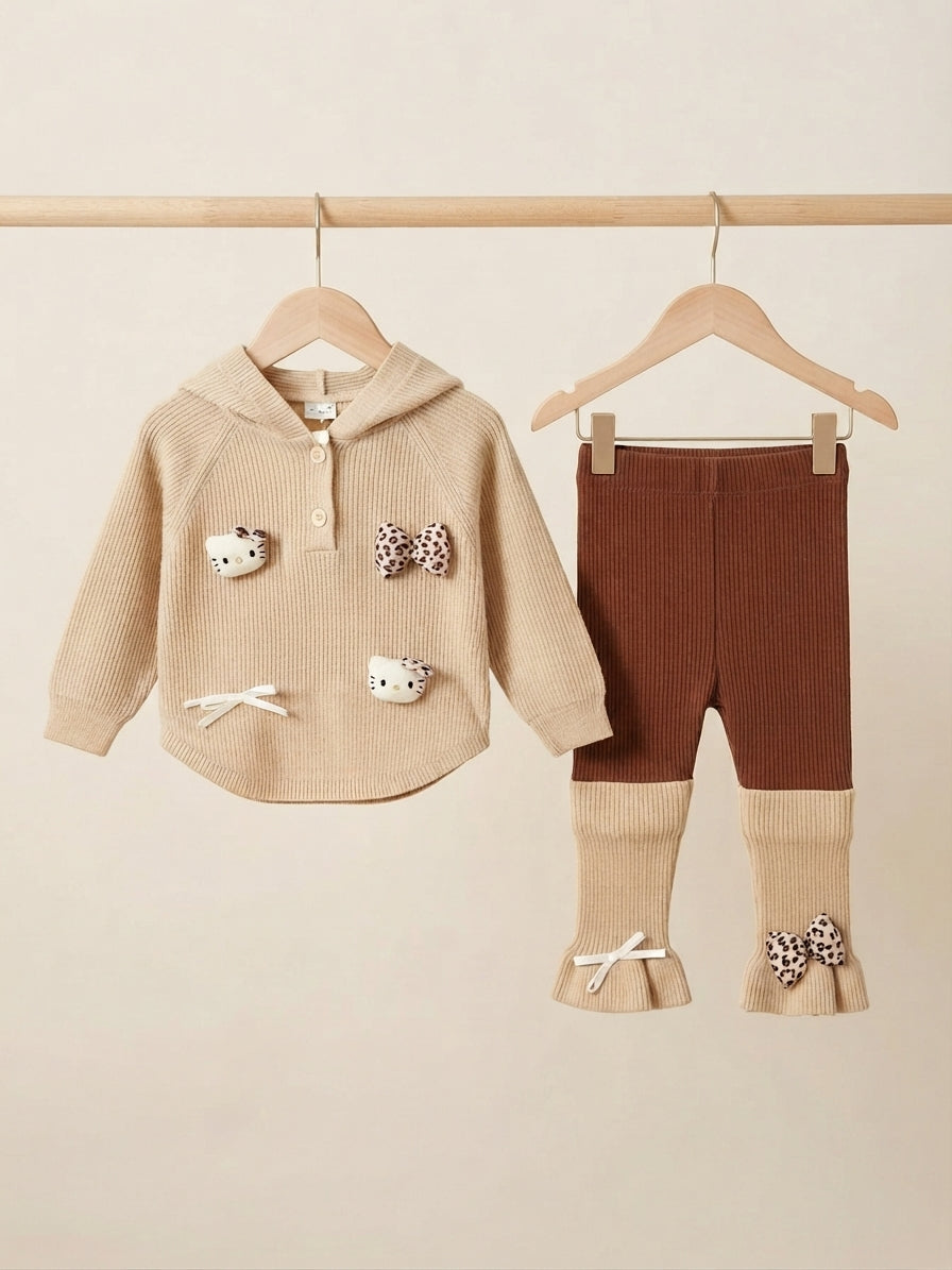 Cute Character Embellished Hooded Sweater with Matching Leggings Set for Daily Kids Fashion Wear