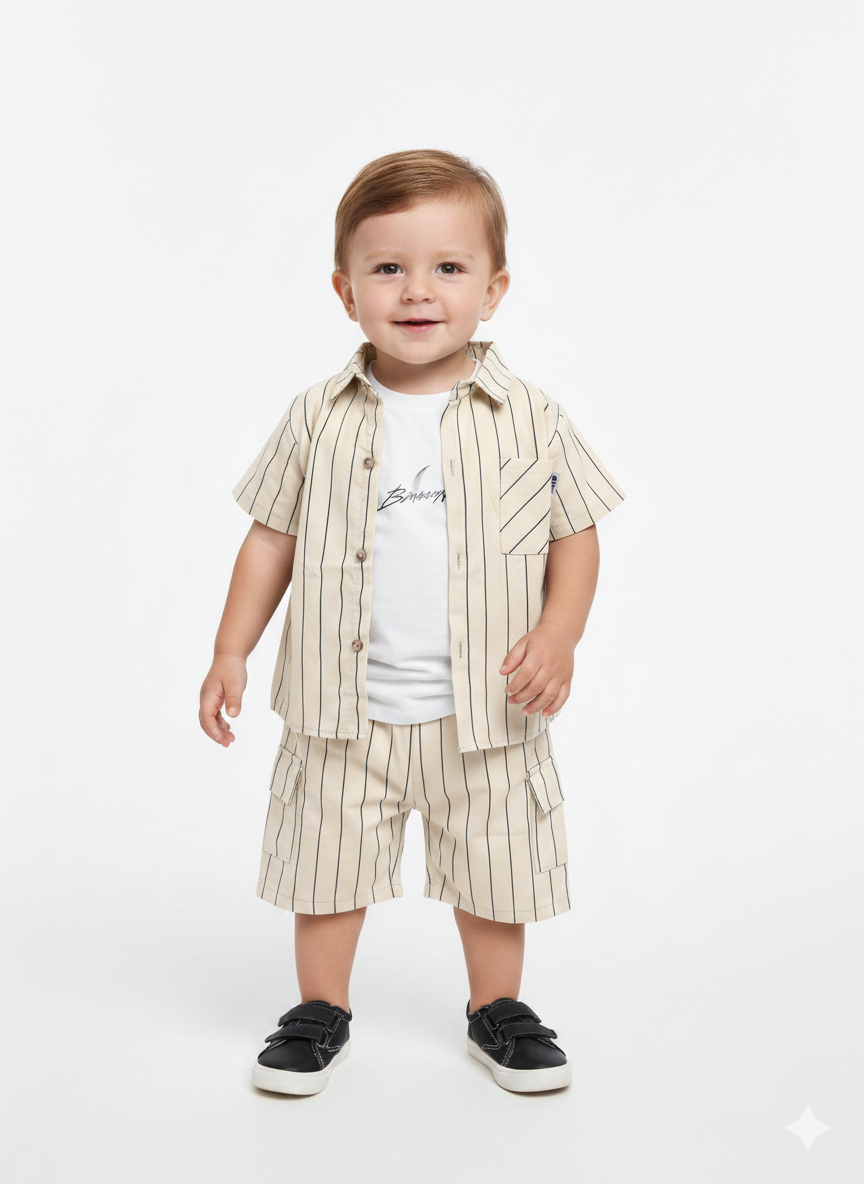 Toddler Boys' 3-Piece Vertical Striped Shirt and Cargo Shorts Set with Graphic Tee