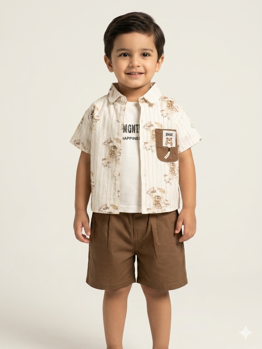 Boys Cute Bear Print Striped Shirt And Cotton Shorts Casual Three Piece Summer Outfit