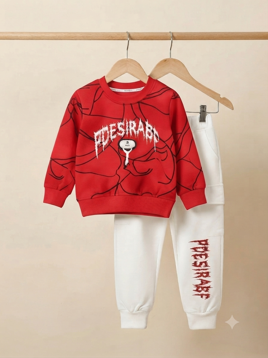 Stylish Graphic Print Kids Fleece Sweatshirt And White Joggers Casual Winter Outfit Set