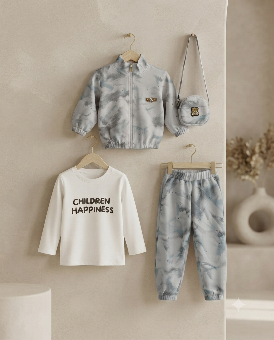 Stylish Kids 4-Piece Set: Zip-Up Jacket, Graphic Long-Sleeve Top, Matching Trousers, And Small Bag