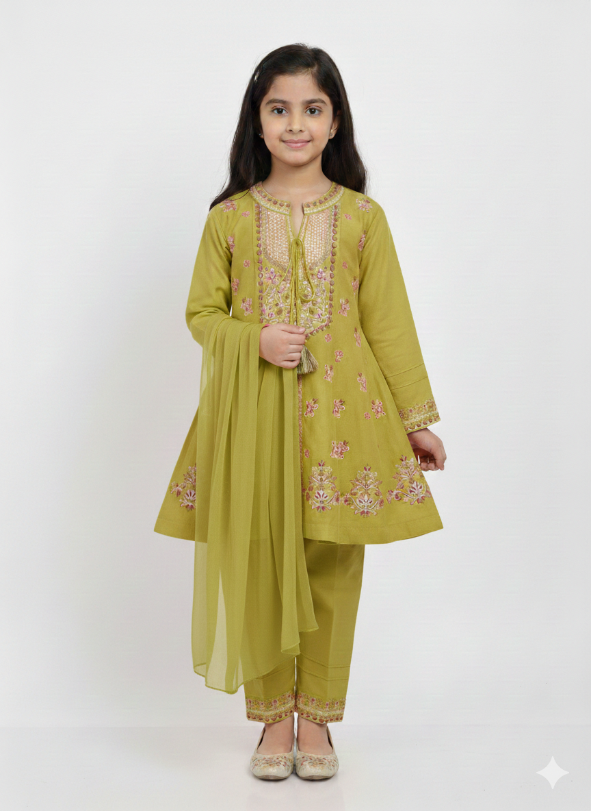 Girls' Embroidered A-Line Kurta Set with Tapered Trousers and Matching Chiffon Dupatta - Festive Wear