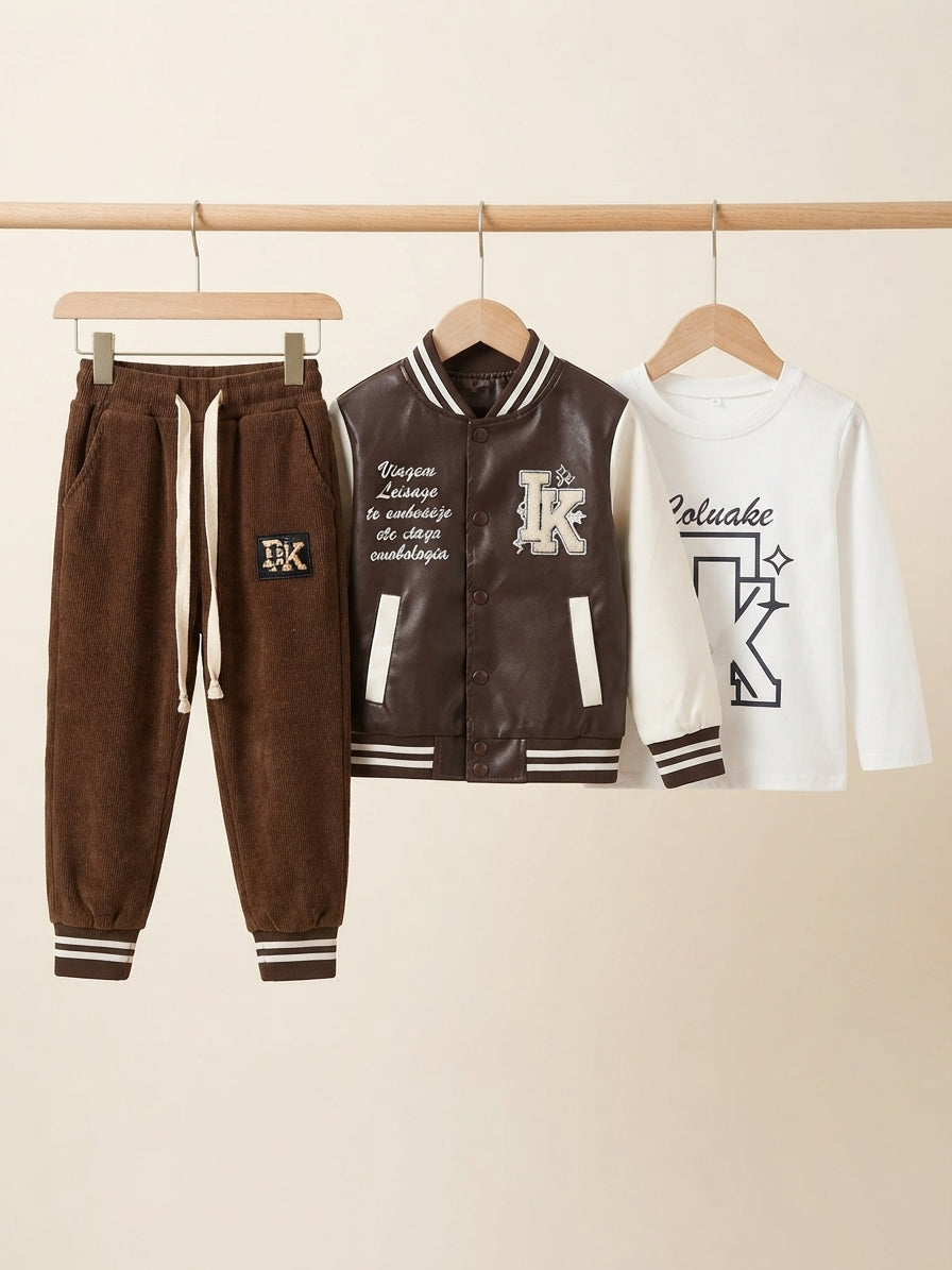 Kids Varsity Leather Jacket Graphic Sweatshirt And Trouser 3 Piece Outfit Set