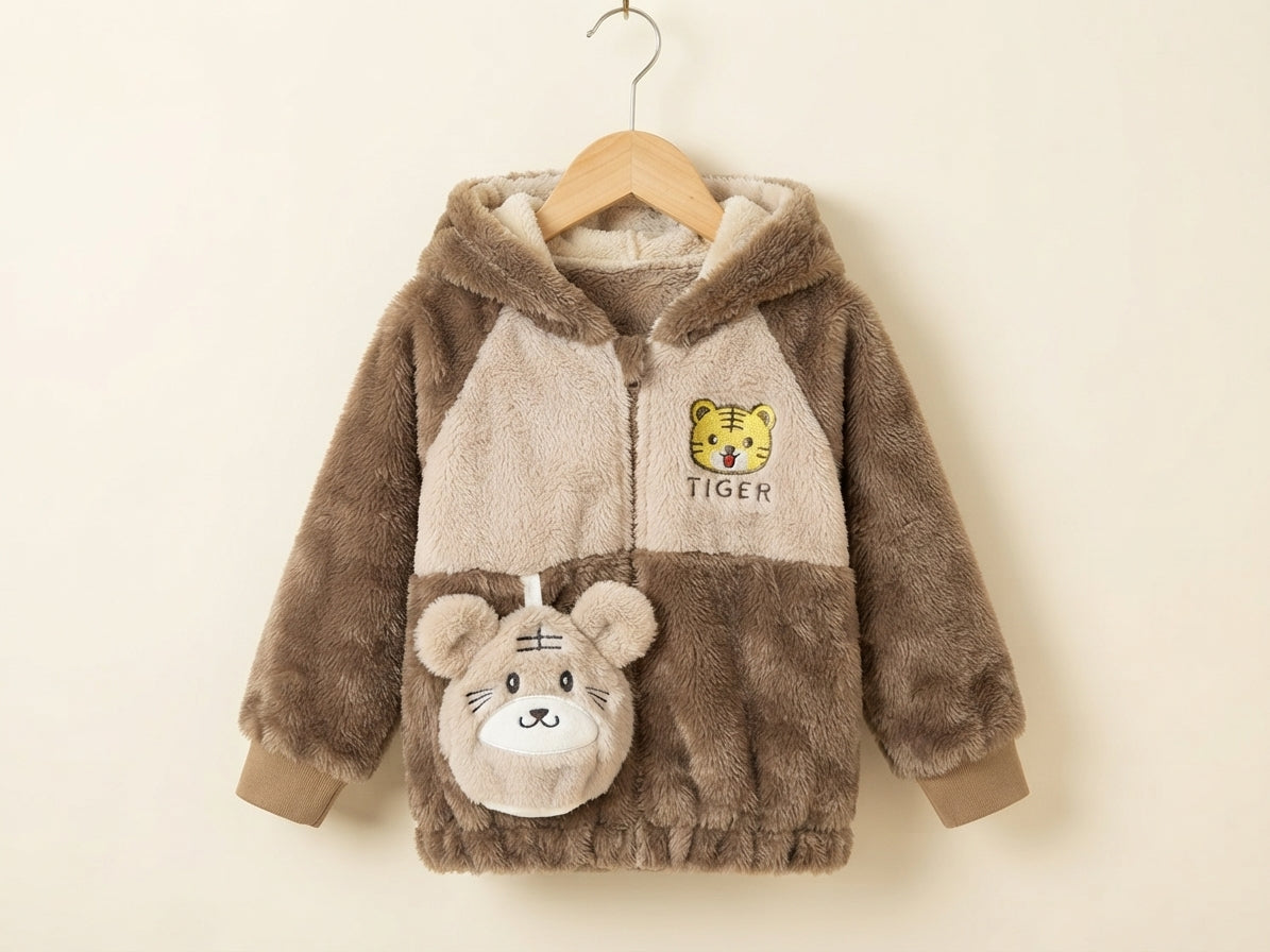Kids Fluffy Furry Hooded Jacket And Matching Cute Animal Face Sling Bag Set
