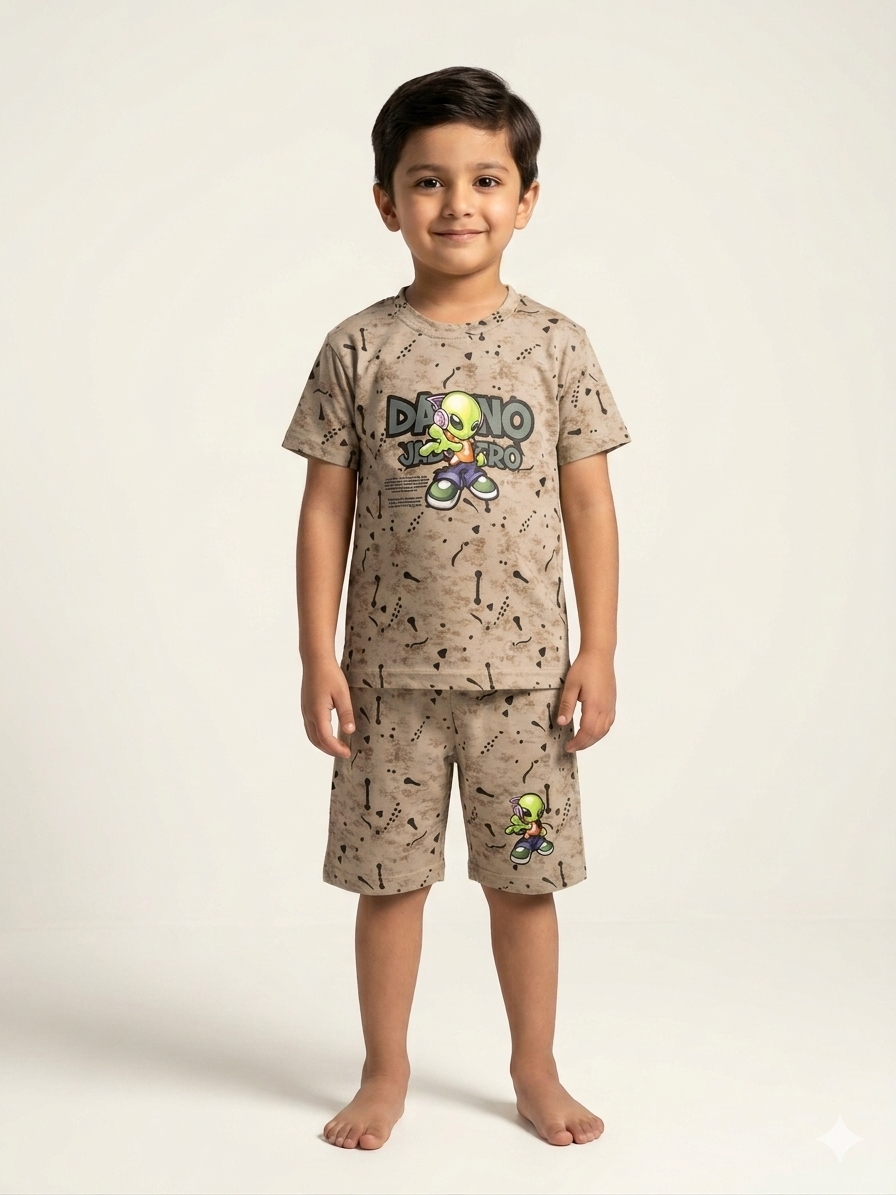 Boys Mustard Yellow Alien Print T-Shirt and Shorts Summer Comfortable Casual Outfit Set