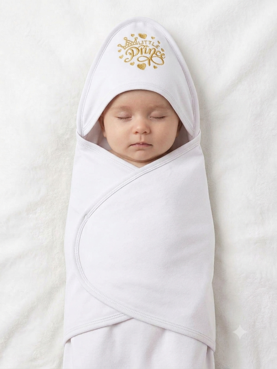 Premium Soft Cotton Hooded Baby Swaddle Blanket With Cute Little Prince Embroidery Design