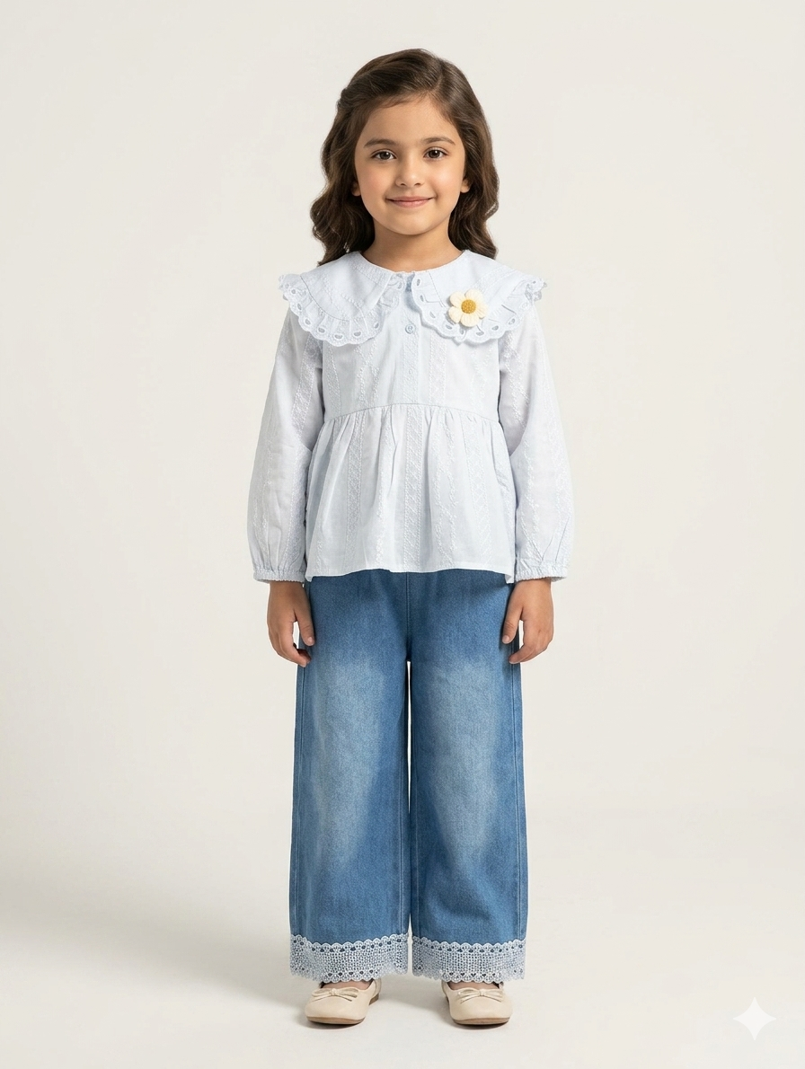 Girls' Elegant Embroidered Eyelet Blouse and Lace Trim Wide Leg Denim Jeans Two-Piece Set