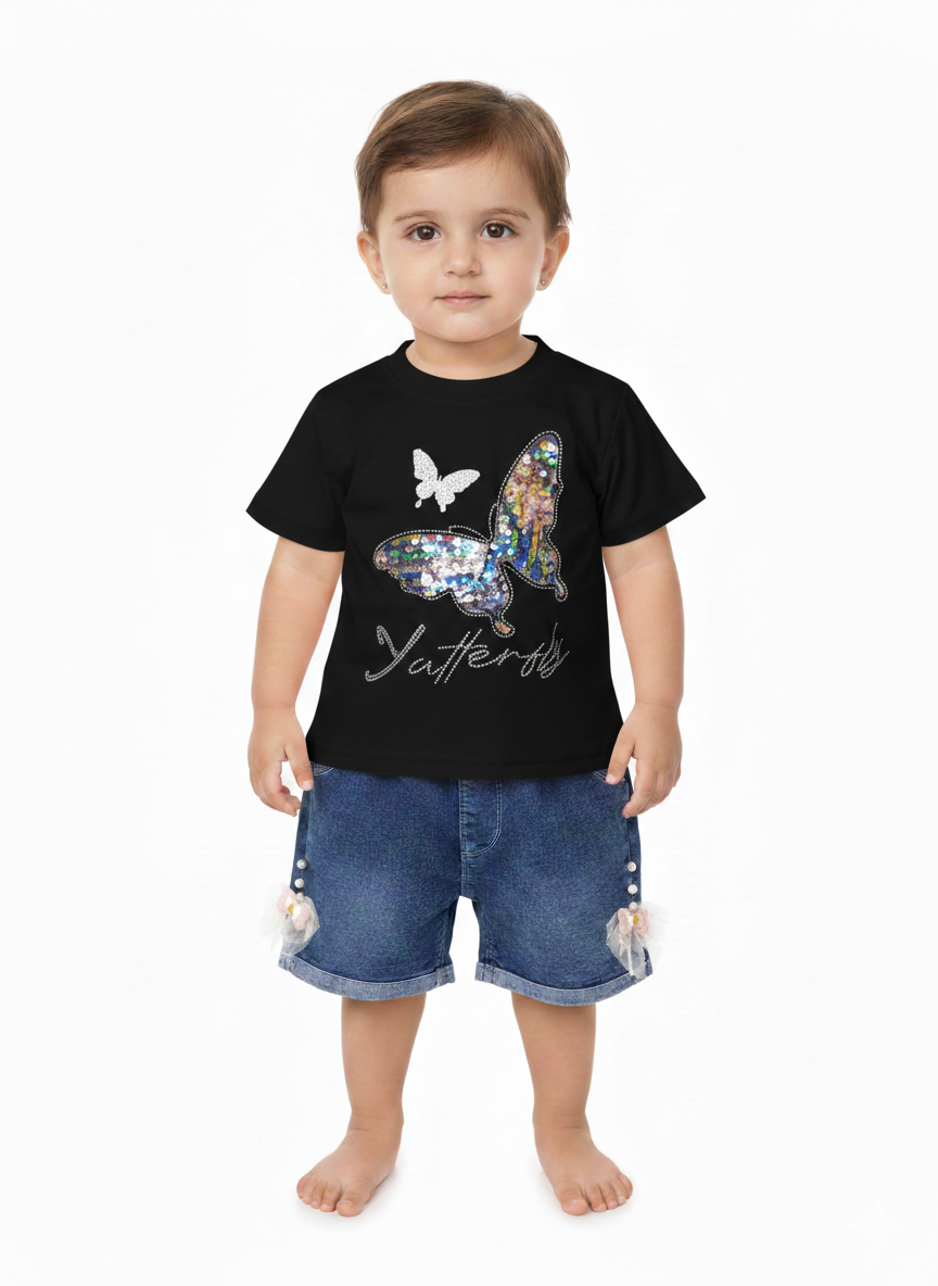 Toddler Girls’ Sequin Butterfly Graphic T-Shirt and Embellished Denim Shorts Two-Piece Summer Outfit Set