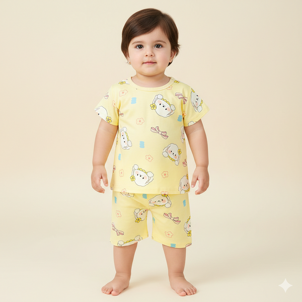 Cute Yellow Teddy Bear Print Toddler Kids Soft Summer Cotton T-Shirt and Shorts Set 🧸