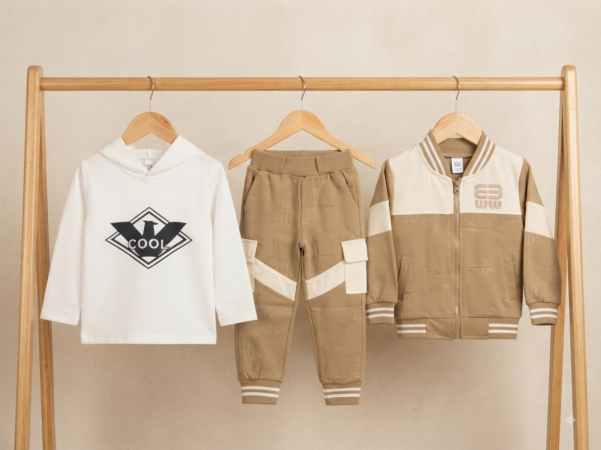 Kids stylish 3-piece winter outfit set featuring hoodie, pant, and zip-up jacket.