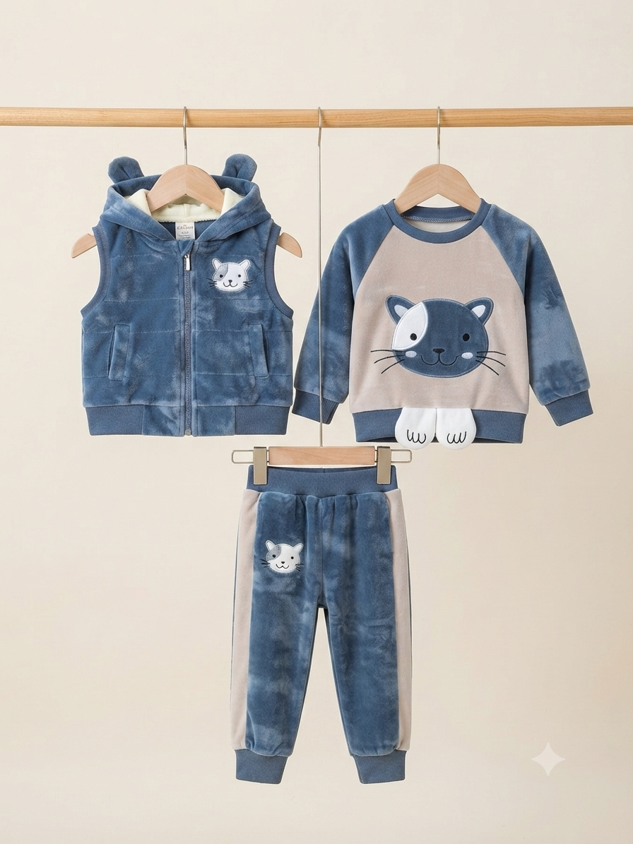 Cute Pink And Cream Velvet Cat Design Baby Hoodie Vest And Tracksuit Set