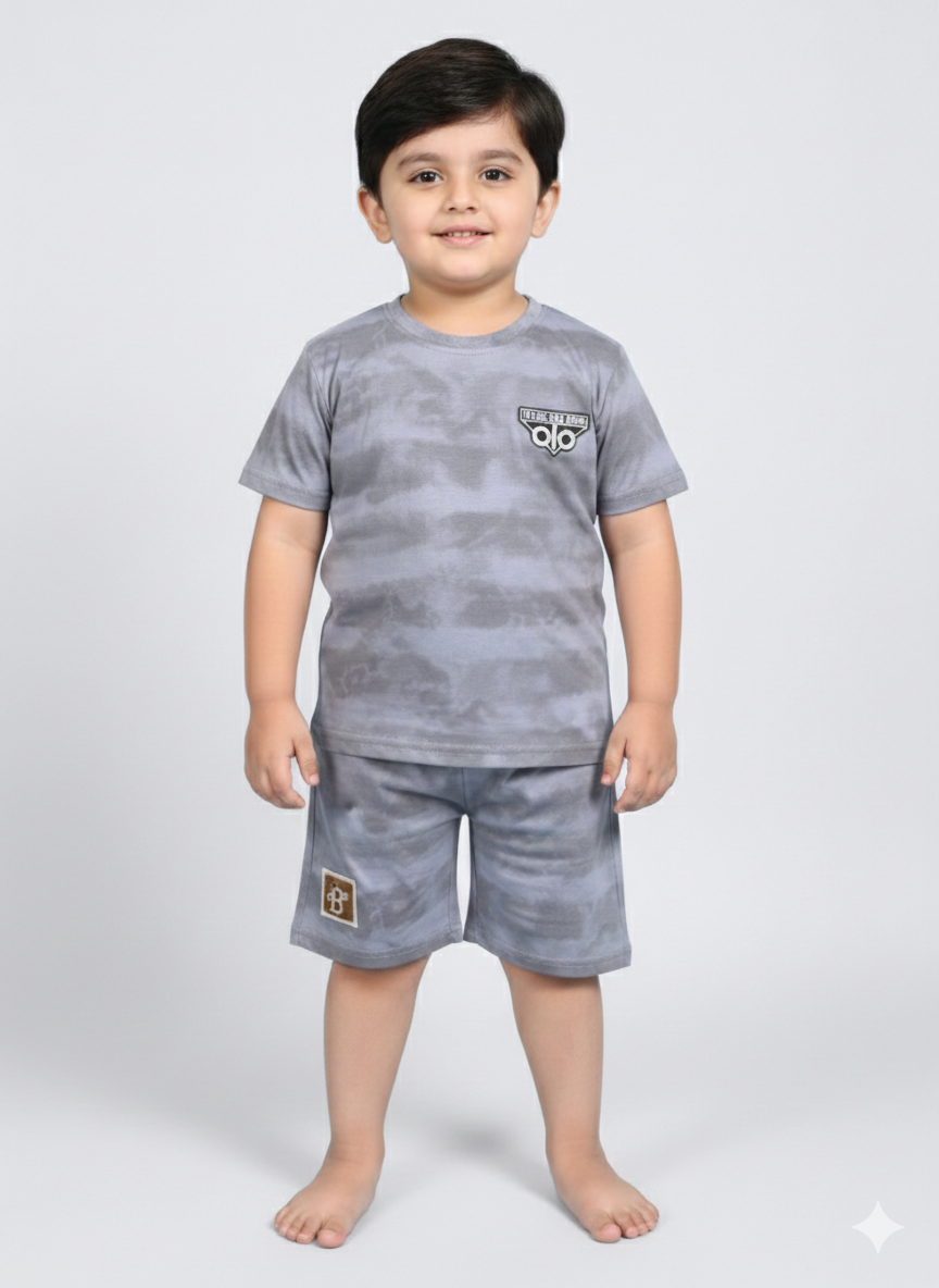 Trendy Grey Cloud Tie Dye Junior Boys Summer Cotton T-Shirt and Shorts Pajama Set ✨