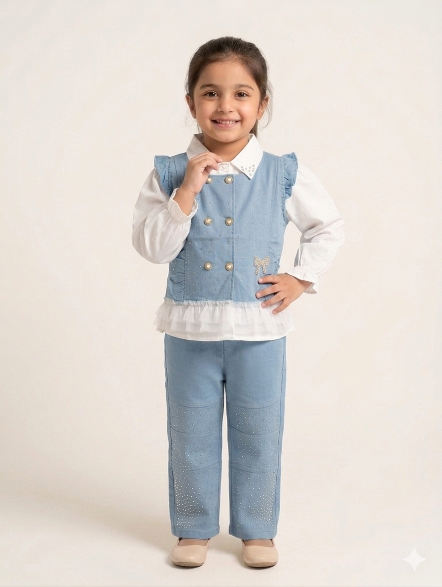 Girls' 3-Piece Ruffle Waistcoat Set with Embellished Bows and Matching Straight Leg Trousers