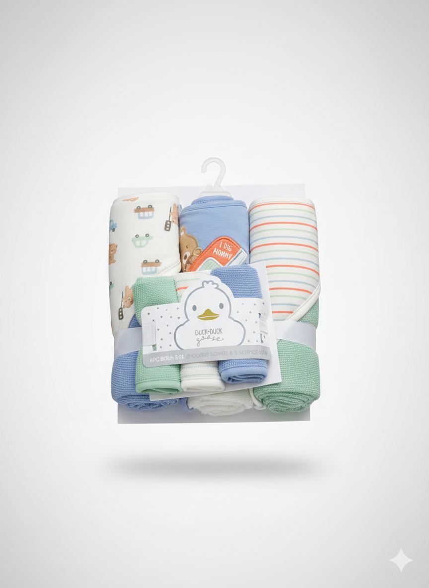 Duck Duck Goose Baby Boy 6-Piece Bath Set | 3 Hooded Towels 3 Washcloths | Green Mommy