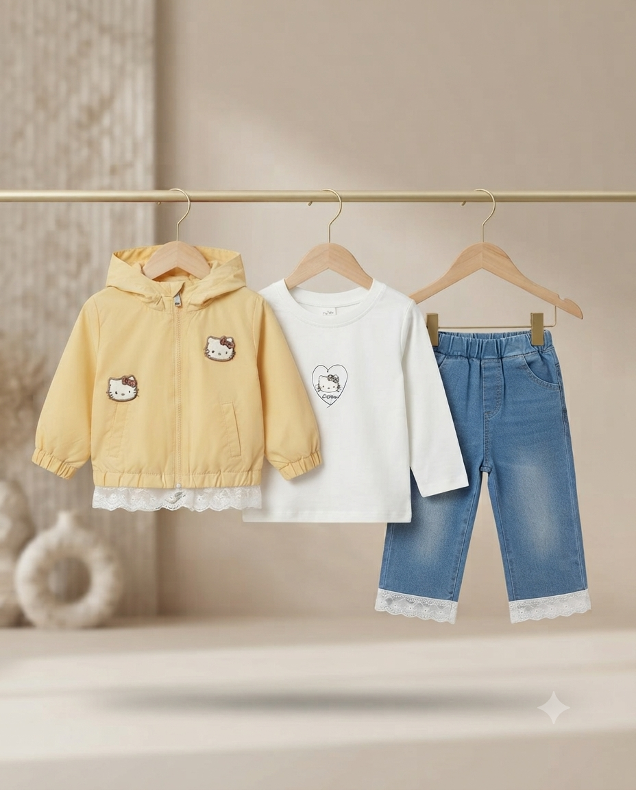 Hello Kitty Girls 3-Piece Outfit Set Featuring Jacket, White Top, And Lace Denim Jeans